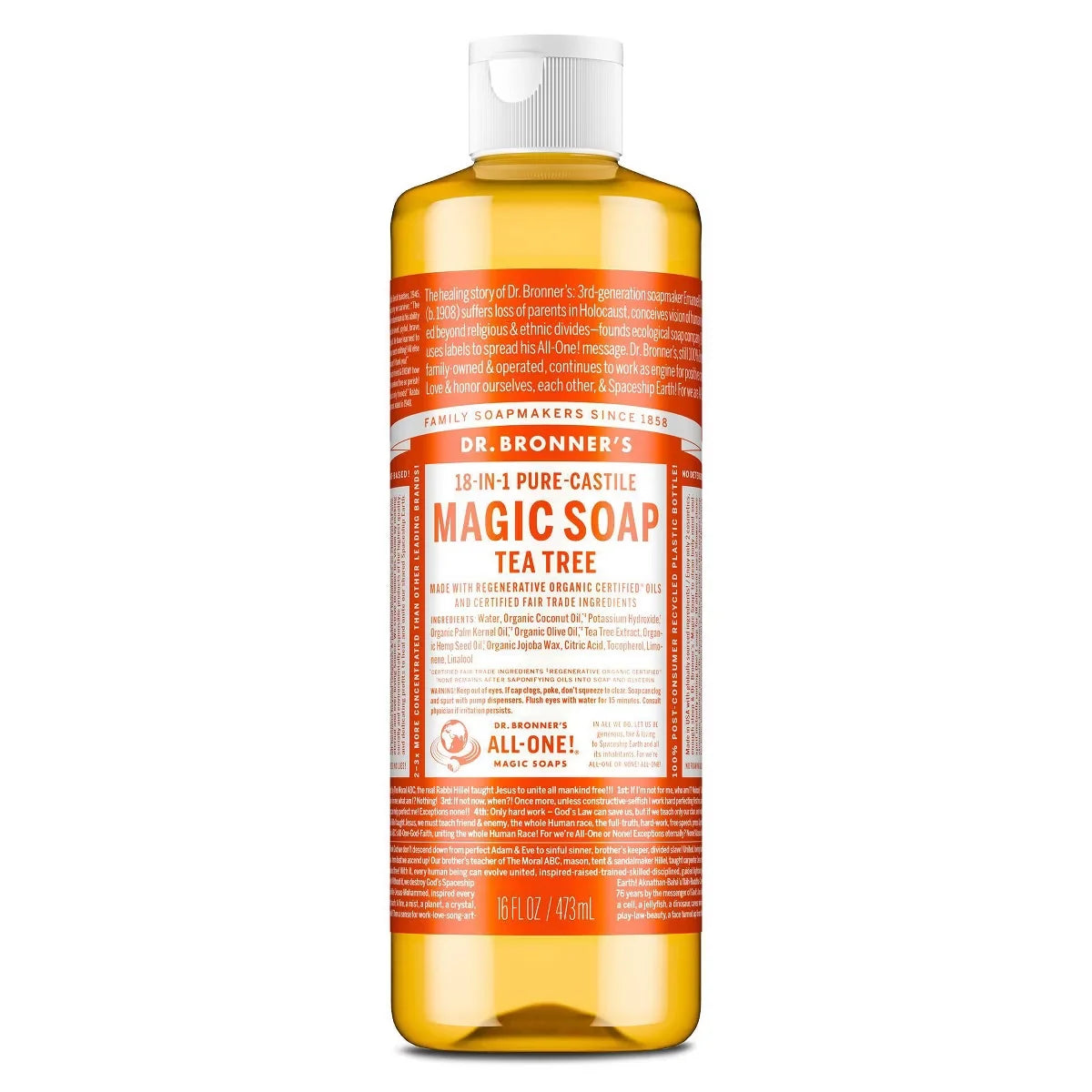 Dr. Bronner's Magic Pure Castile Liquid Soap Bodywash - Tea Tree - 16 fl oz: Paraben-Free, Vegan, For Normal Skin